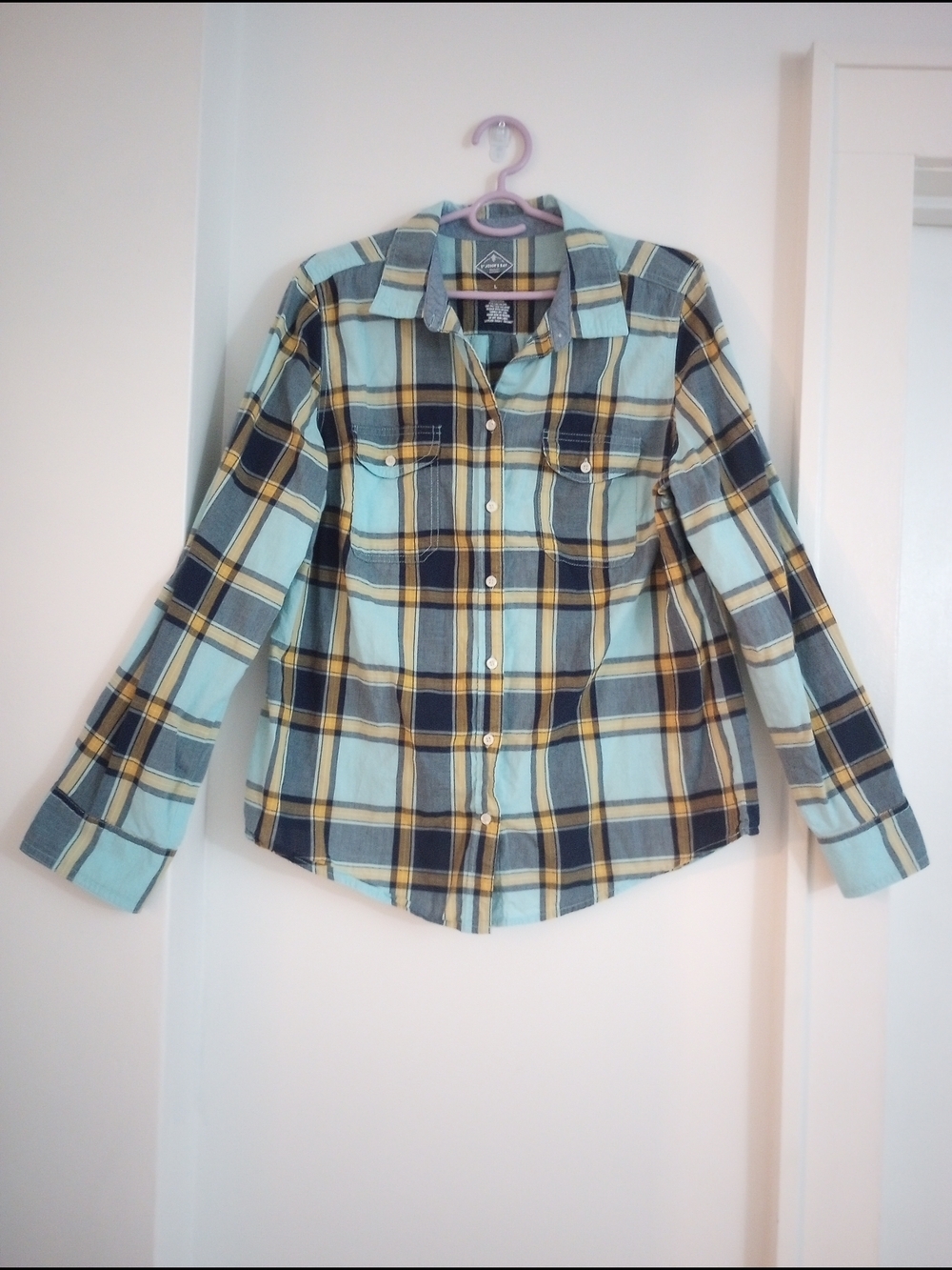 St. John's Bay 100% Cotton Plaid Button-Down Long Sleeve Shirt Blue Yellow Large